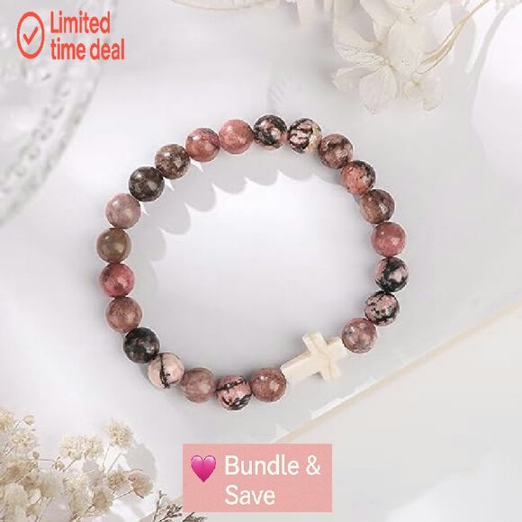 Christian Cross Stretch Bracelet Natural Stone Beads Faith Jewelry Gift - Picture 6 of 8